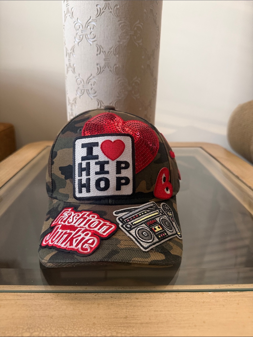 Camo 'I ♥ Hip Hop' Patch Baseball Cap with Red Accents